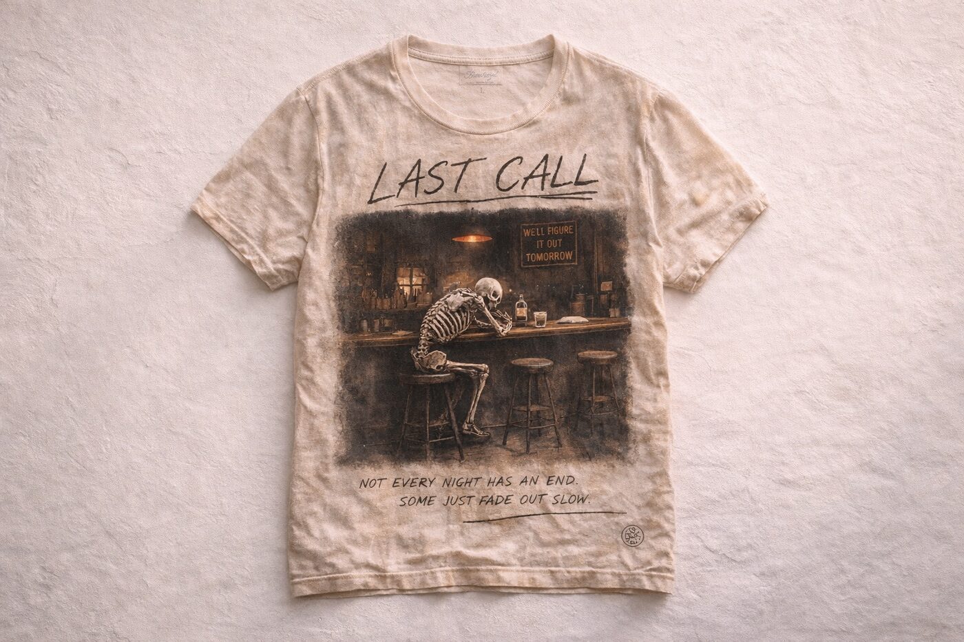 Sand-washed tee, a skeleton at the bar under the words Last Call
